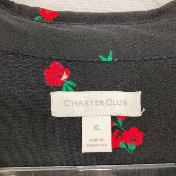 Charter Club size XL Black Red Floral Stretch Knit 3/4 Sleeve Popover Blouse - Picture 2 of 10